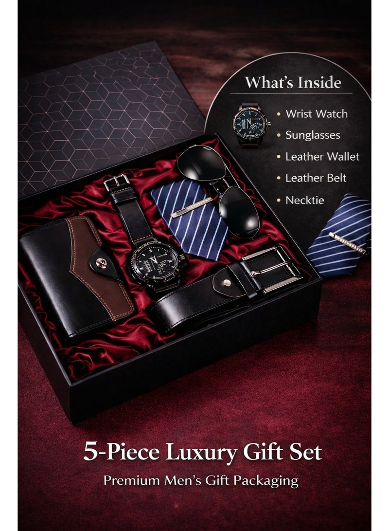 جيسو طقم هدايا أنيق للرجال من 5 قطع - ساعة يد، نظارات شمسية، محفظة جلدية، حزام وميدالية - الهدية المثالية للرجل العصري - Image 1